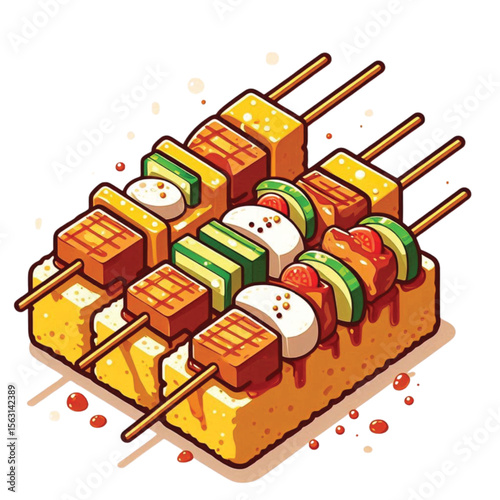 High resolution and high quality anime style vector illustration of SATE
brightly colored with some toppings on a simple white background.