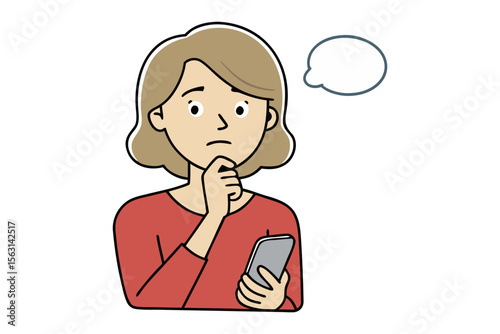 A confused woman holding a smartphone in her hand with a thought bubble above her head contemplating a decision
