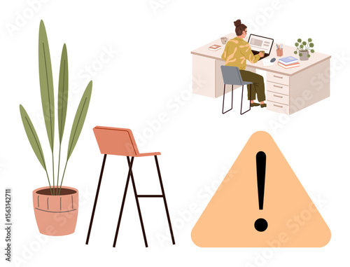 Woman working at desk with laptop, plant decor, bar stool, and alert symbol. Ideal for remote work, productivity, notifications, office setup, focus task management simple flat metaphor