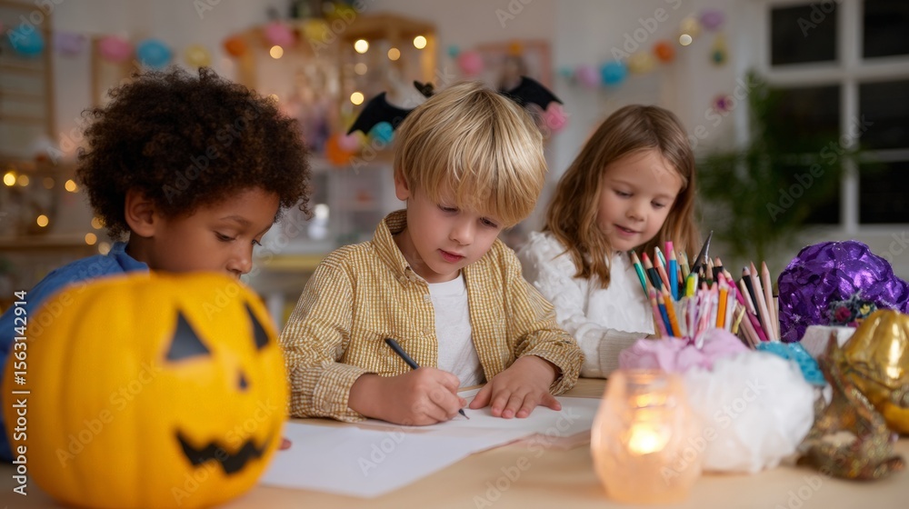 Fototapeta premium Children drawing together at halloween party with decorations and jack-o'-lantern