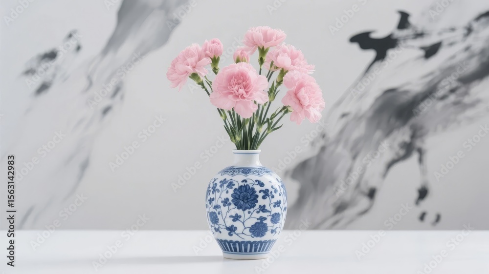 Obraz premium Blue and White Ceramic Vase with Pink Carnations Against a Marble Background
