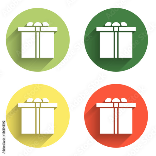 Set Gift box icon isolated with long shadow background. Happy Birthday. Color circle button. Vector