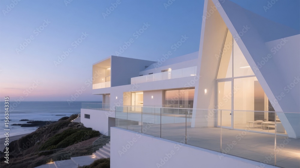 Fototapeta premium Modern coastal house with sleek white architecture and glass railings overlooking the ocean at dusk