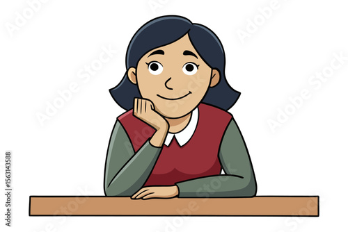 A young woman with dark hair rests her chin on her hand smiling thoughtfully while sitting at a wooden desk