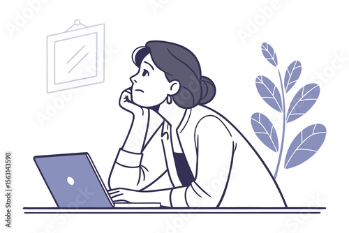 A woman with her chin resting on her hand looks thoughtfully upwards while sitting at a desk with a laptop and a plant nearby