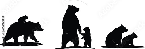 Bear family silhouette vector art illustration with moon background art