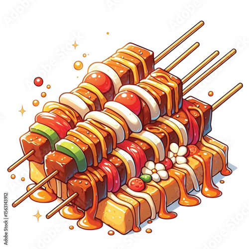 High resolution and high quality anime style vector illustration of SATE
brightly colored with some toppings on a simple white background.