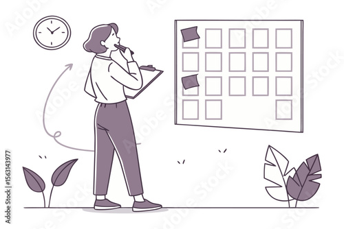 A thoughtful woman with a clipboard and pen reviews a large grid calendar planning tasks and projects with a clock indicating time management