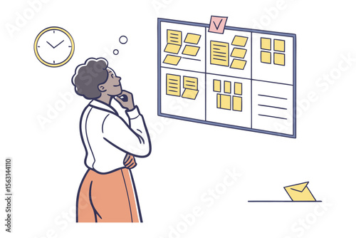 A thoughtful woman contemplates a kanban board filled with sticky notes a clock and a pending task marked with a check