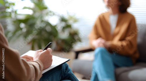 Psychotherapy session close-up. Close-up view of a therapist taking notes during a session with a blurred patient in the background. Ideal for mental health, support, and counseling themes.
Keywords: 