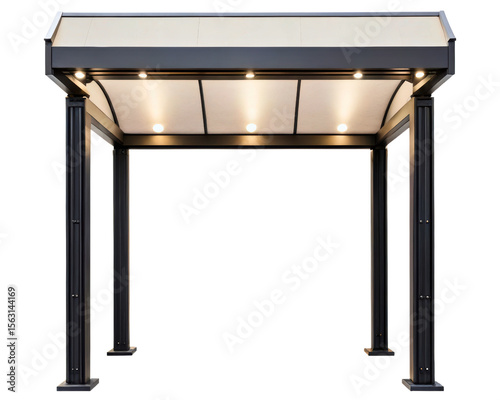 Modern outdoor gazebo with a hardtop roof and built-in lights on a transparent background