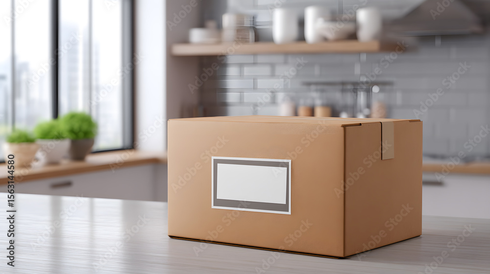 Fototapeta premium Cardboard delivery box in modern kitchen. A simple cardboard shipping box placed on a counter in a stylish modern kitchen. Suitable for e-commerce, delivery services, or logistics themes. Keywords: 