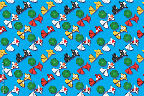 Seamless pattern of carp Origami or Japanese paper folding koi fish swimming in pond with lotus leaves drawing in colorful cartoon vector