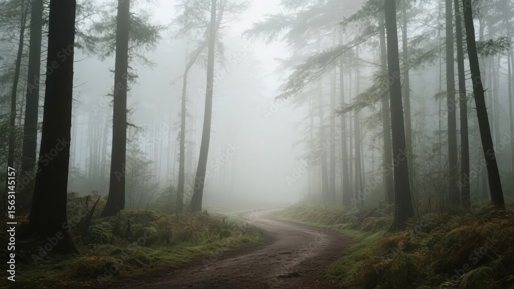 Obraz premium Misty Forest Pathway Lined with Tall Trees