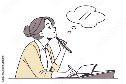 A woman with her hair in a bun holds a pen to her chin thinking while writing in a notebook at a desk