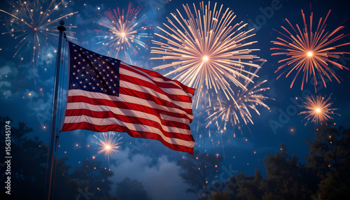 An American flag waves proudly against a backdrop of vibrant fireworks in a nighttime celebration, perfect for patriotic themes.