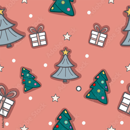 Muted pink Christmas pattern – seamless winter trees and gifts