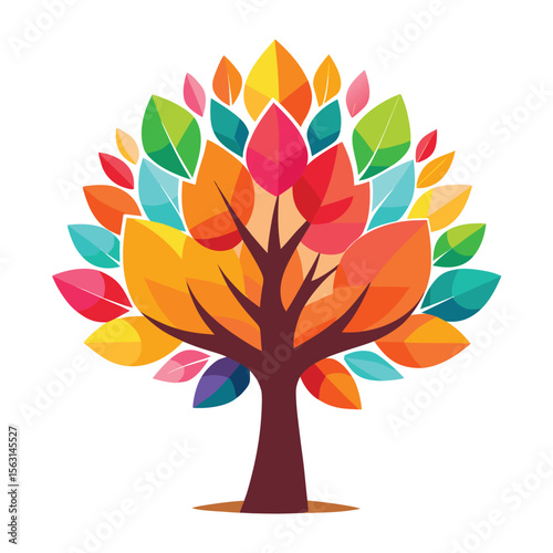 A striking vector icon of a tree with vibrant, multi-colored leaves, symbolizing diversity, creativity, or autumn on a plain white surface.