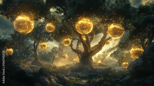 Enchanting Forest Scene with Glowing Orbs and Mystical Tree Branches