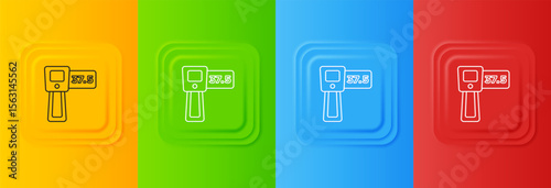 White Digital contactless thermometer with infrared light icon isolated on colorful background. Set icons in square buttons. Vector
