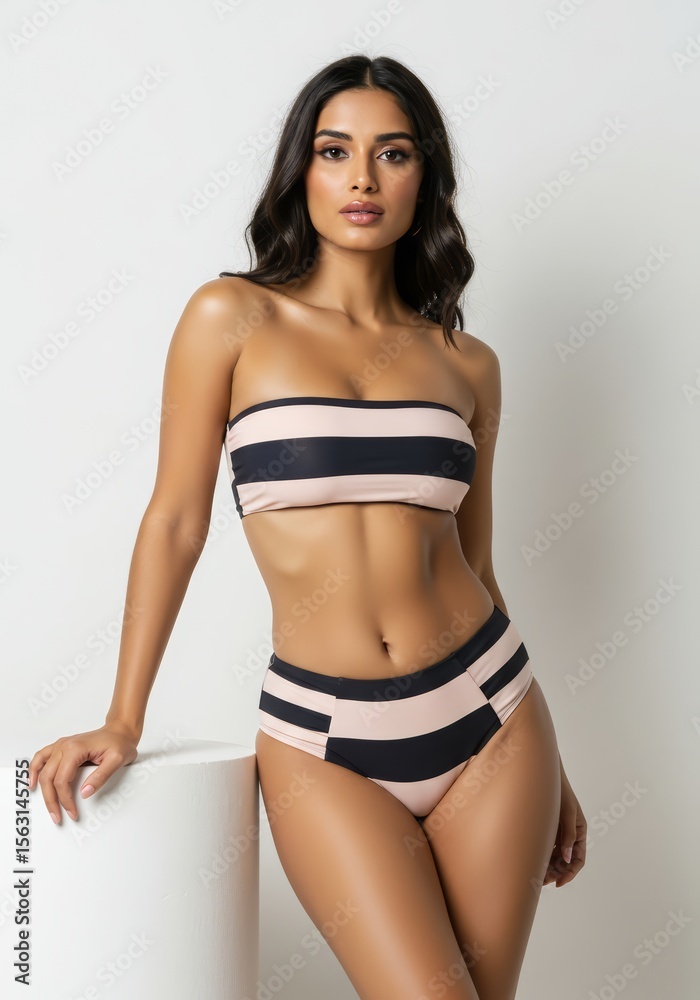 Obraz premium Striped Pink and Black High-Waisted Bikini Summer Fashion, Beachwear, and Swimsuit Style