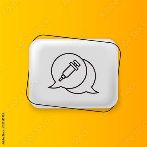 Black Addiction to the drug icon isolated on yellow background. Heroin, narcotic, addiction, illegal. Sick junkie with a syringe and medical pills. Silver rectangle button. Vector