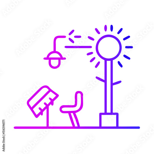 Minimalist workspace with lamp, chair, and tree illustration  