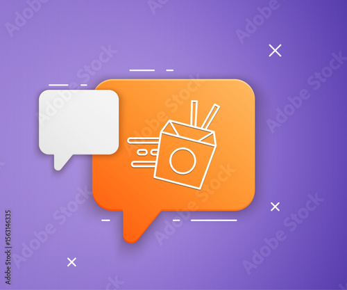 White Online ordering and noodles delivery icon isolated on purple background. Orange speech bubble symbol. Vector