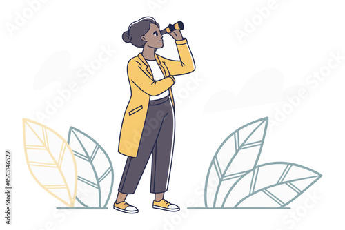 A focused woman in a yellow coat uses a spyglass to look into the distance symbolizing exploration and future vision