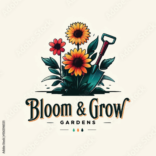Bloom & Grow Gardens Logo – Floral Shovel Badge for Landscaping & Horticulture Brands