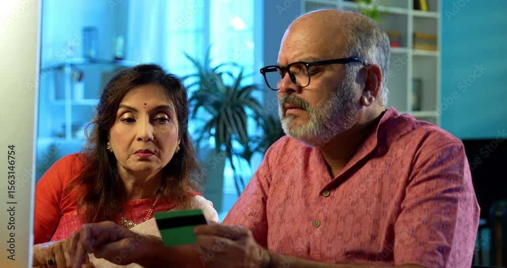 Indian paying using credit card for online shopping or bill payment, senior Asian couple sitting at home using laptop for ecommerce, managing electronic transactions, planning, digital lifestyle