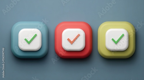 Free Download Approved Icons: A collection of vibrant, three-dimensional checkmark icons, each within a softly rounded square, illustrating decisions and approvals in a modern digital format. - GFXLoad