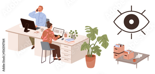 Professionals at desks collaborating on screens, desk plants alongside organized documents, and an eye motif symbolizing observation. Ideal for teamwork, productivity, workplace dynamics