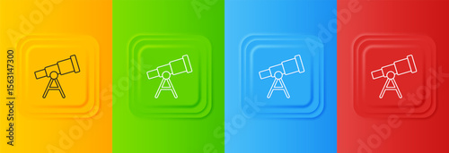 White Telescope icon isolated on colorful background. Scientific tool. Education and astronomy element, spyglass and study stars. Set icons in square buttons. Vector
