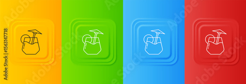White Cocktail and alcohol drink with umbrella icon isolated on colorful background. Set icons in square buttons. Vector