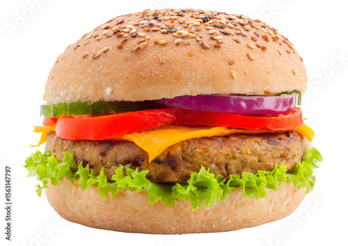 Colorful burger featuring a juicy patty, cheddar cheese, fresh lettuce, tomato, onion, and pickles in a sesame seed bun, ideal for a wholesome meal, PNG, transparent background