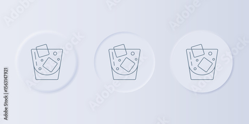 Grey Glass of whiskey and ice cubes icon isolated on grey background. Set icons in square buttons. Vector