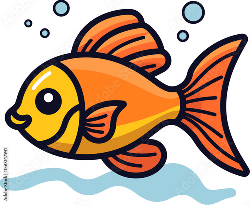 Cartoon Orange Fish Swimming in Water with Bubbles Illustration
