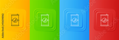 White Bio fuel barrel icon isolated on colorful background. Eco bio and canister. Green environment and recycle. Set icons in square buttons. Vector