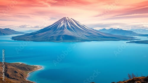 A majestic snow-capped volcano rises dramatically from a serene turquoise lake under a vibrant sunset sky.