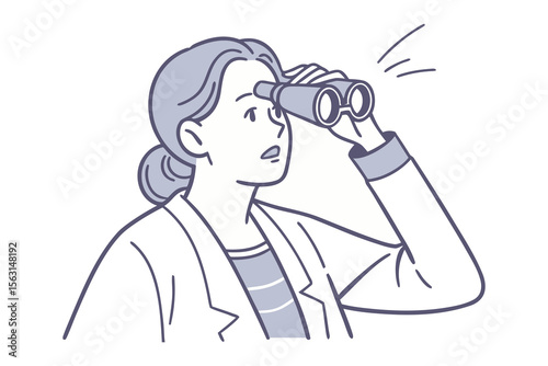 Curious woman with a bun hairstyle looking through binoculars with a focused expression and lines indicating observation