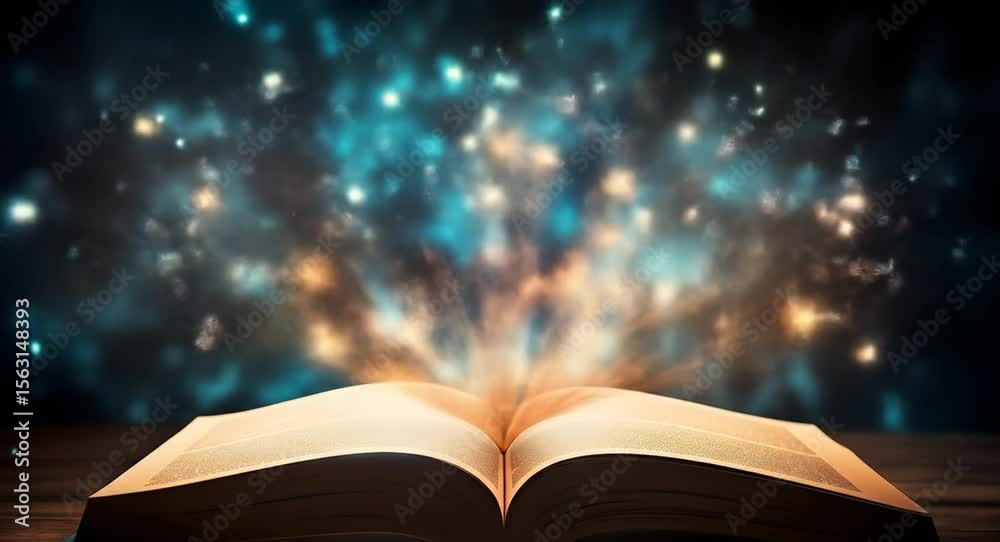 A book opens to reveal a burst of magical light and particles