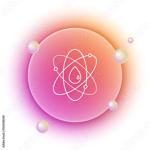 White Atom icon isolated on white background. Symbol of science, education, nuclear physics, scientific research. Orange and pink gradient circle background. Vector