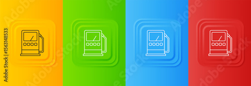 White Petrol or gas station icon isolated on colorful background. Car fuel symbol. Gasoline pump. Set icons in square buttons. Vector