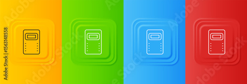 White Police assault shield icon isolated on colorful background. Set icons in square buttons. Vector