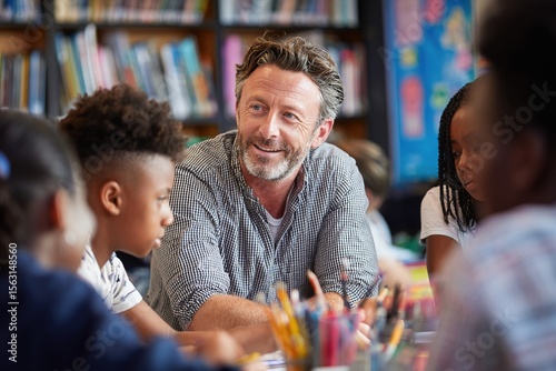 Mature Caucasian man sitting at table with his immigrant students talking to them during English language class. High quality