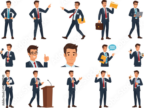 Businessman Character Set: Vector Illustrations in Various Poses and Actions