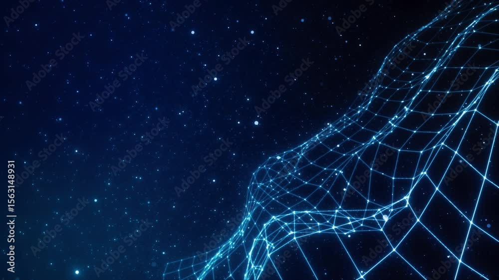 Glowing tech mesh waves and digital grid background in blue futuristic style with flowing dots and cyber pattern for AI connection, data visualization, and cyber presentation design