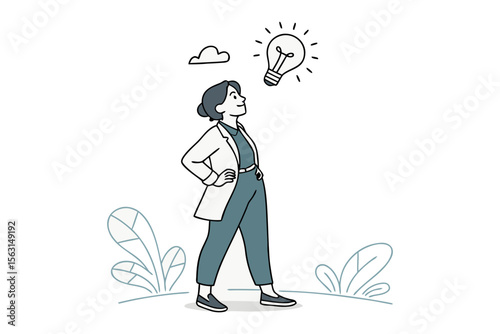 A woman in a suit confidently looks up at a glowing lightbulb symbolizing a brilliant idea or innovation
