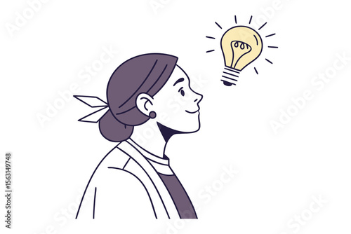 A woman s profile gazes upward at a brightly glowing light bulb symbolizing a new idea or moment of inspiration